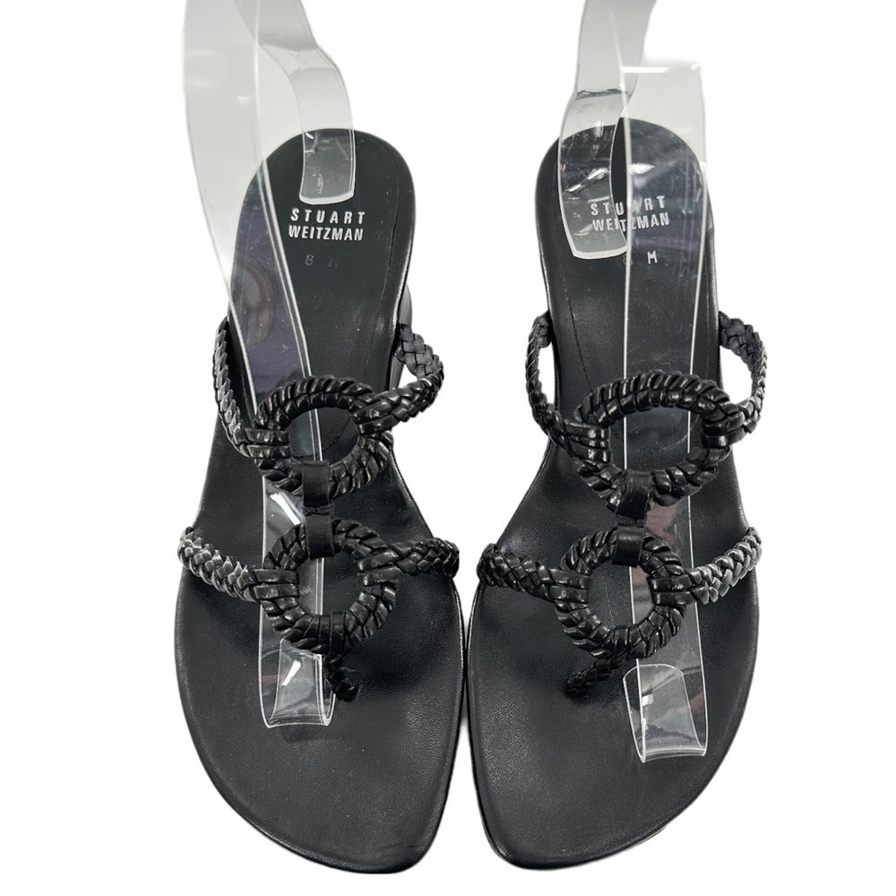 Stuart Weitzman womens sandals 8 black leather braided chunky platform slides - Picture 2 of 12